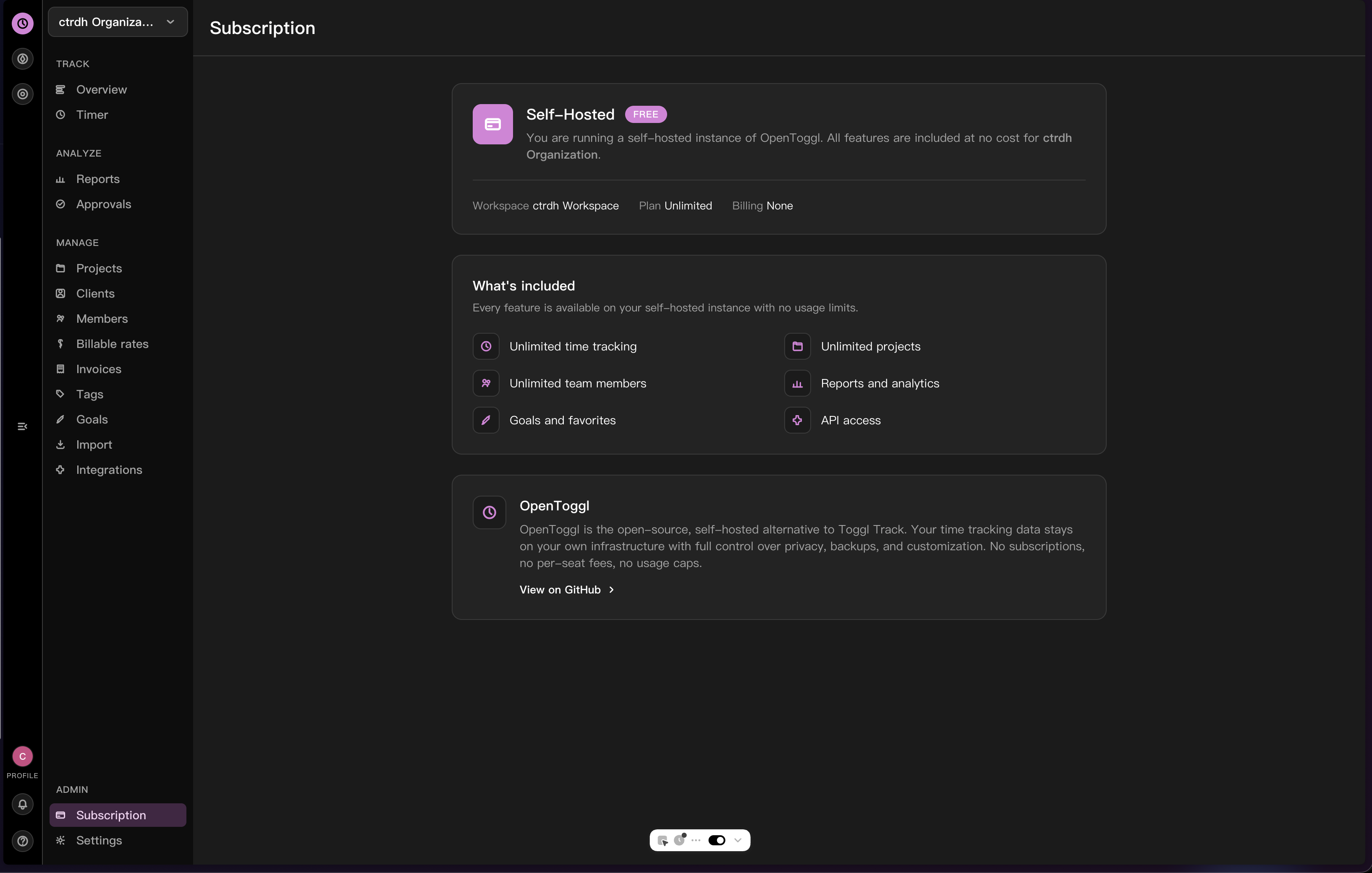 OpenToggl self-hosted subscription page