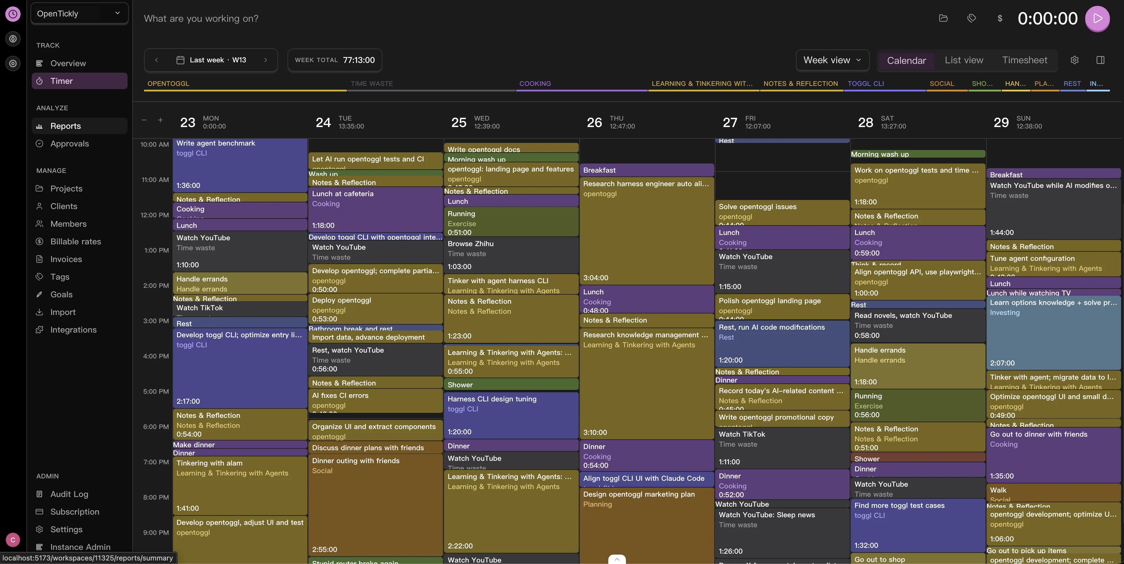 OpenTickly calendar view showing tracked time by day